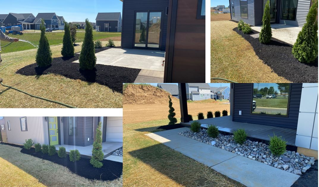 A collage of pictures of a house with a garden in front of it.