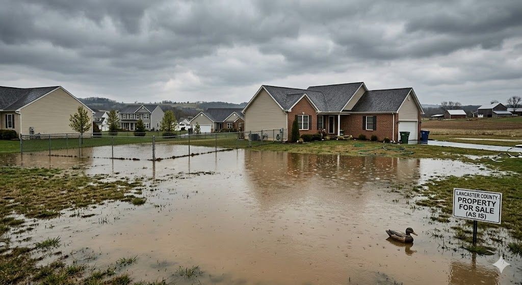 A flooded suburban yard beneath a cloudy sky, with a duck figurine and a sign in the muddy water near a house.