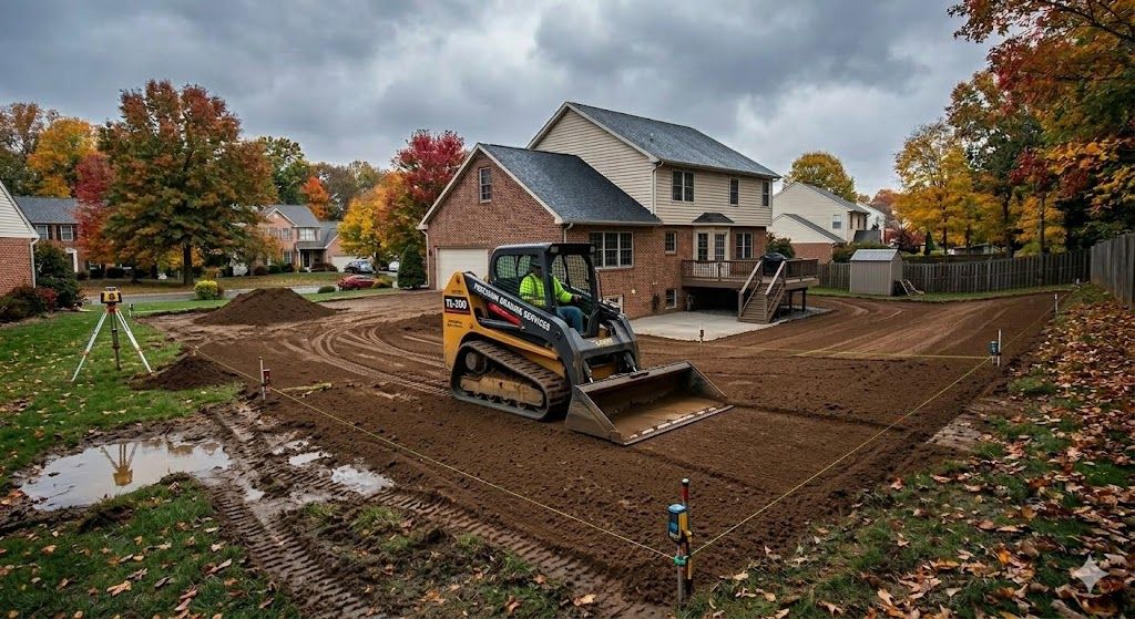 A yellow construction skid steer sits in a residential backyard, leveling soil for a project under an overcast sky.