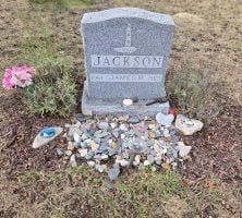 A gravestone for jackson is surrounded by rocks and flowers in a graveyard.