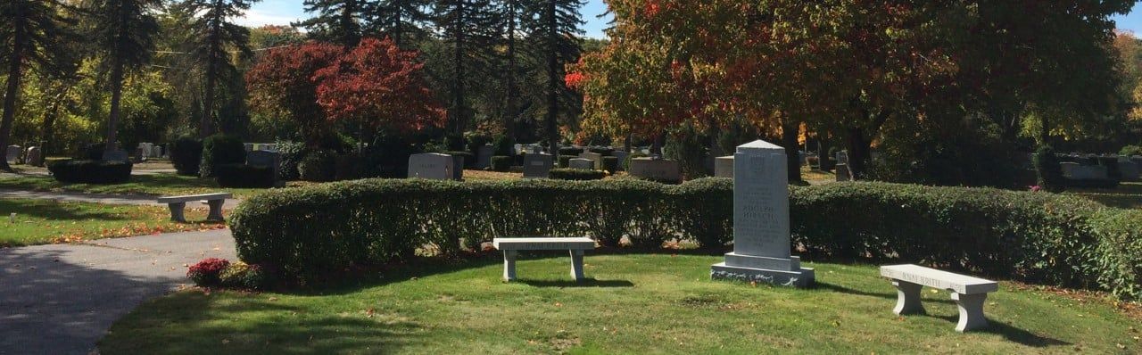 A cemetery with a grave and two benches in the grass.