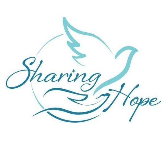 A logo for sharing hope with a dove and hands