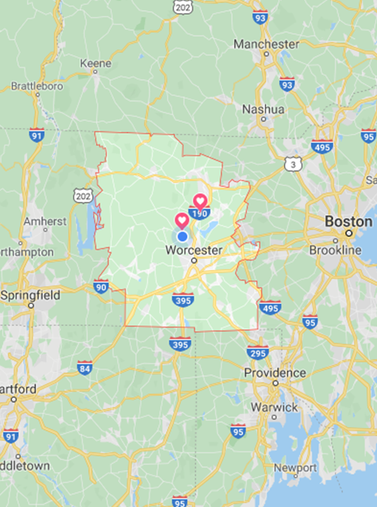 A map of the state of massachusetts showing the location of boston and other cities.