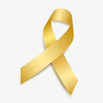 A gold ribbon is crossed over itself on a white background.