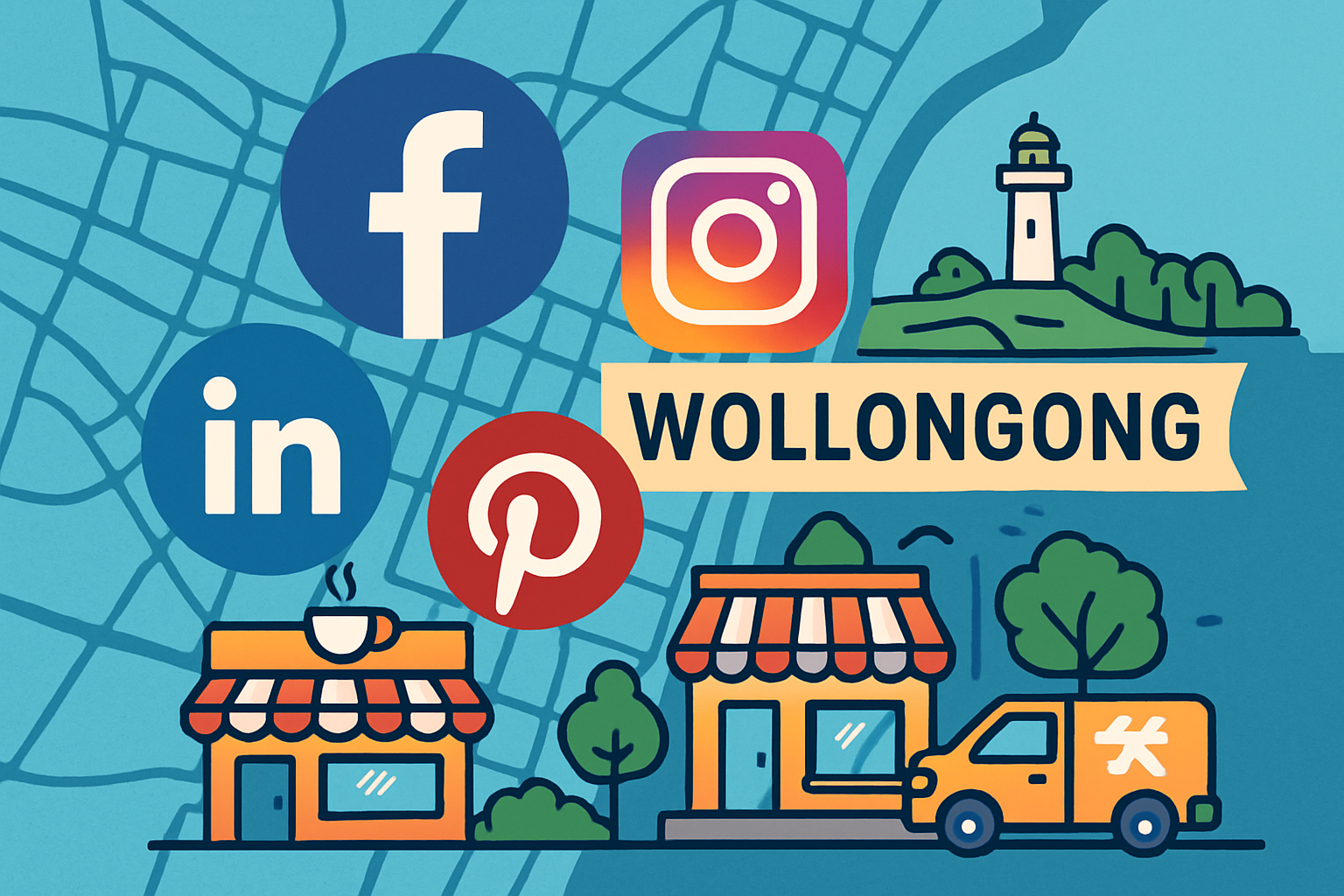 A map of a city with icons for facebook , instagram , and pinterest.