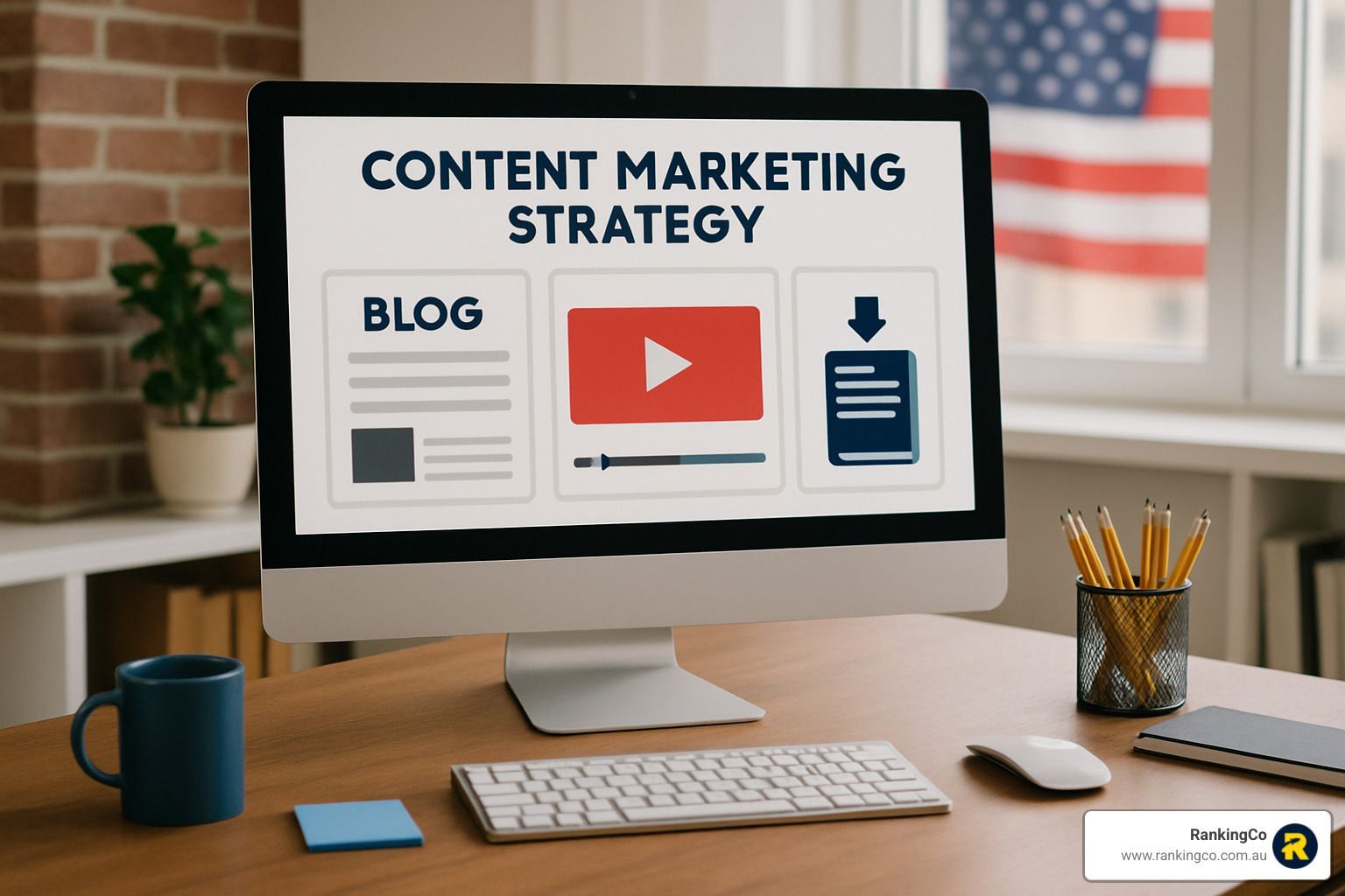 A computer monitor is displaying a content marketing strategy.