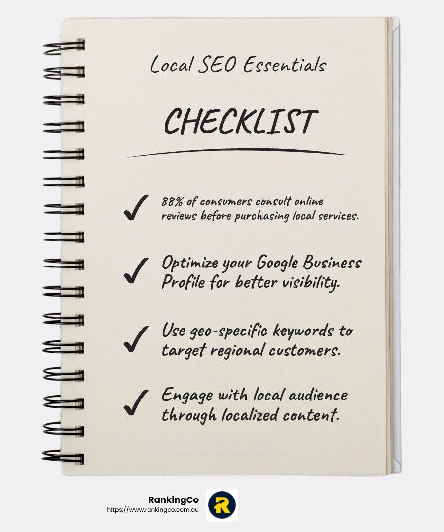A spiral notebook with the words local seo essentials checklist on it
