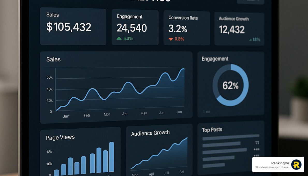 A tablet is displaying a dashboard with graphs and numbers on it.