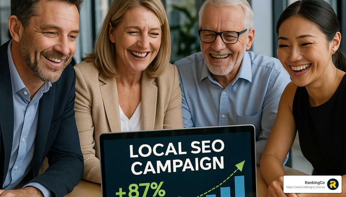 A group of people are looking at a laptop screen that says local seo campaign.