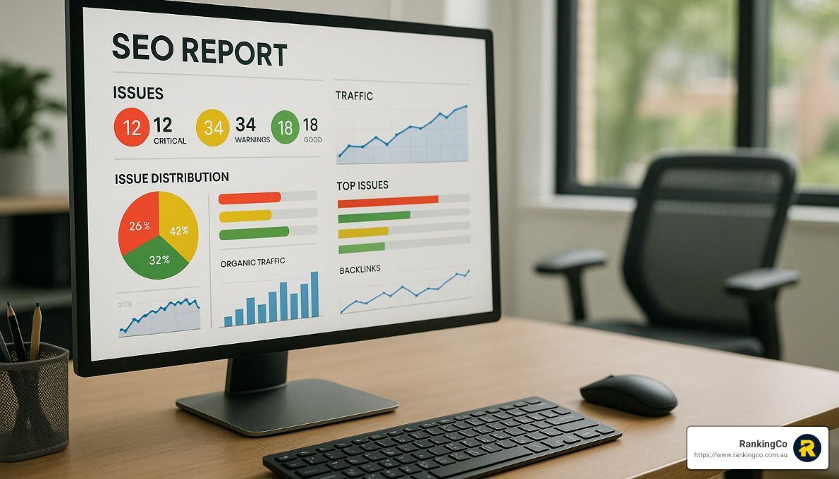 A computer monitor is displaying a seo report on a desk.