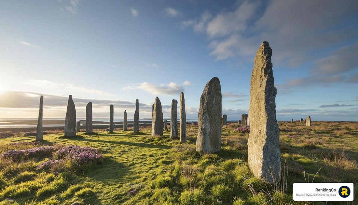 A row of stone circles in a field with a blue sky in the background.