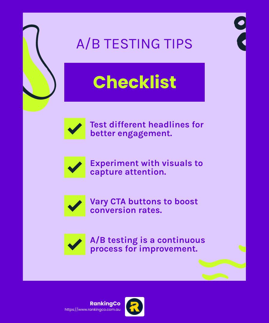 A checklist for a / b testing tips on a purple background