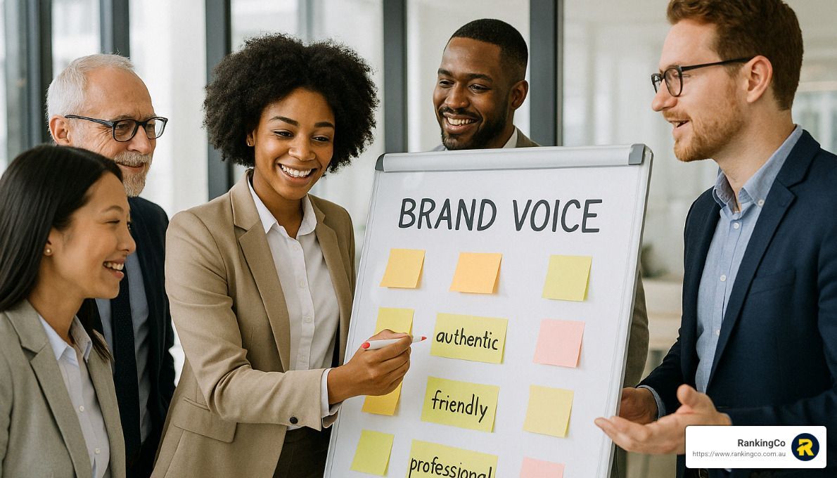A group of business people are standing around a whiteboard with sticky notes on it.