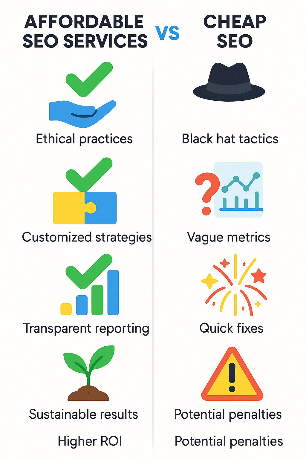A diagram showing the difference between affordable seo services and cheap seo services.