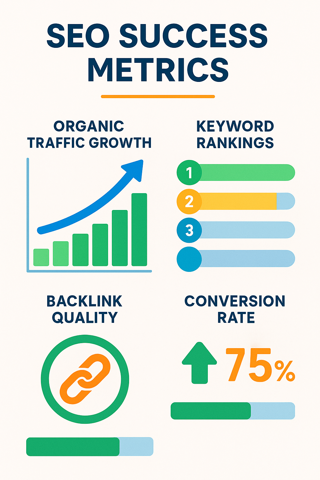 Seo success metrics include organic traffic growth , keyword rankings , backlink quality , and conversion rate.