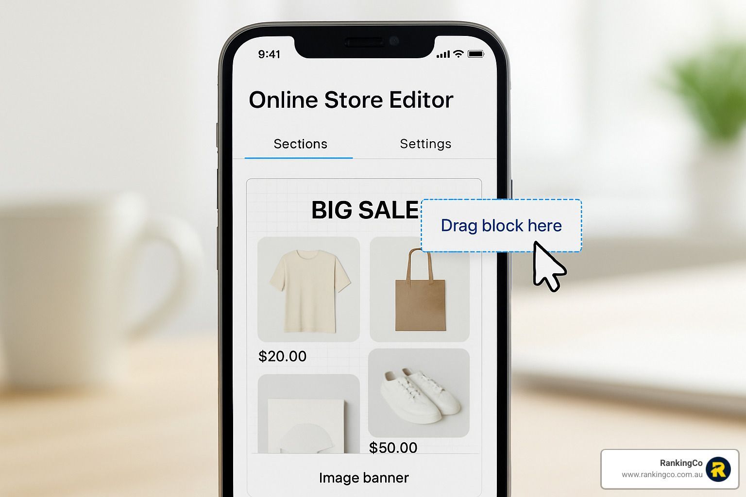 A cell phone is open to the online store editor.
