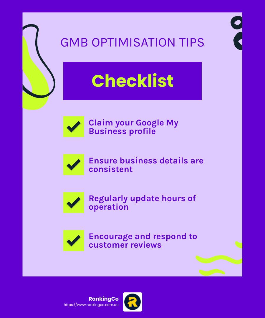 A checklist for gmb optimization tips on a purple background