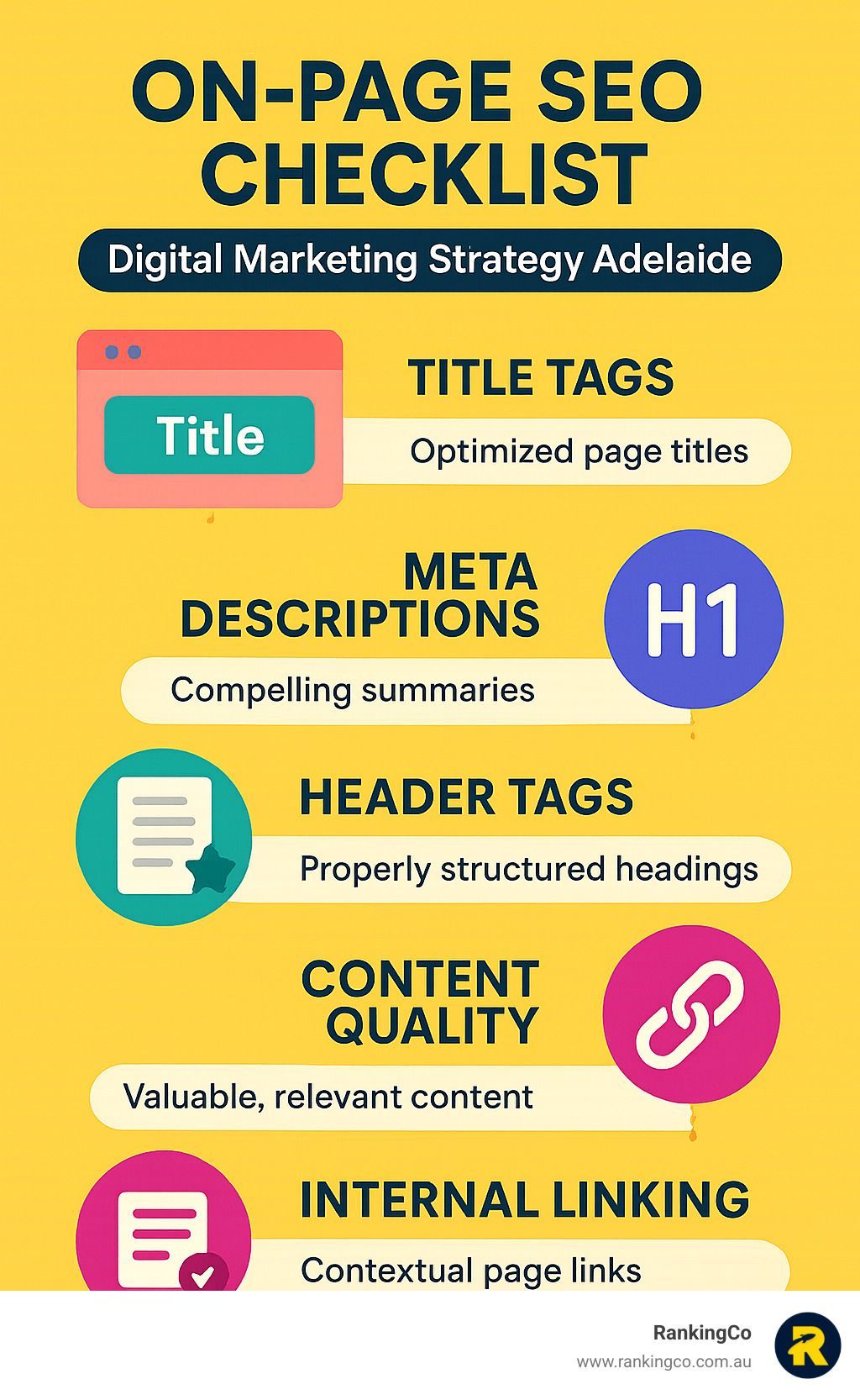 A checklist for on-page seo includes title tags , meta descriptions , header tags , content quality and internal linking.