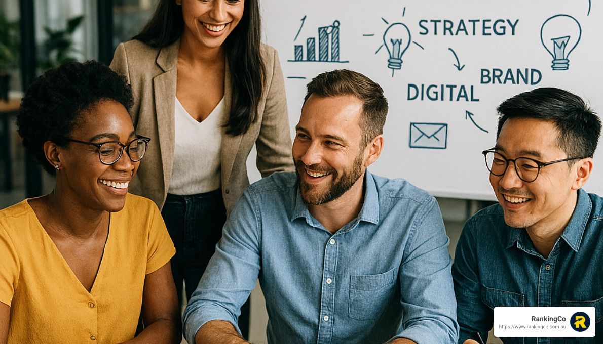 A group of people are sitting around a table in front of a whiteboard.