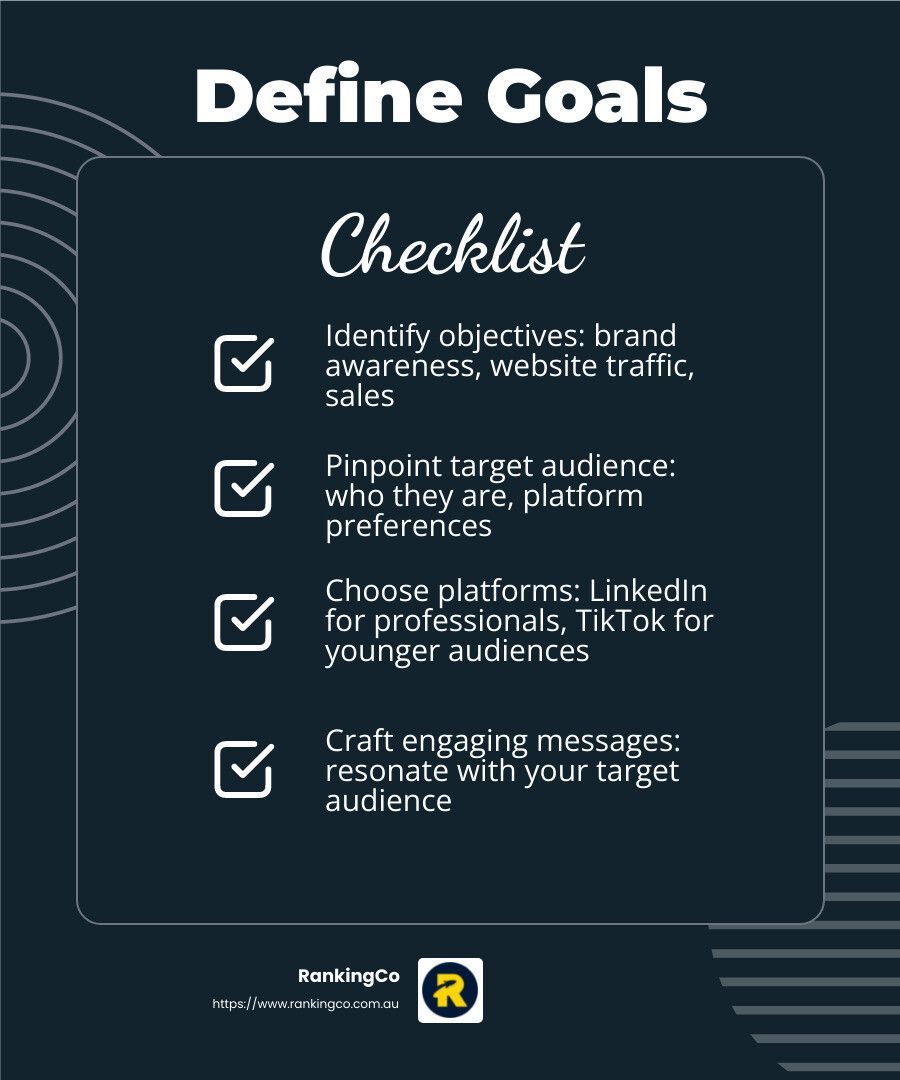 A checklist for defining goals is on a black background.