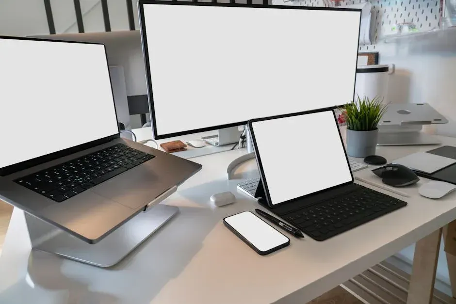 A desk with a laptop , monitor , tablet and phone on it.
