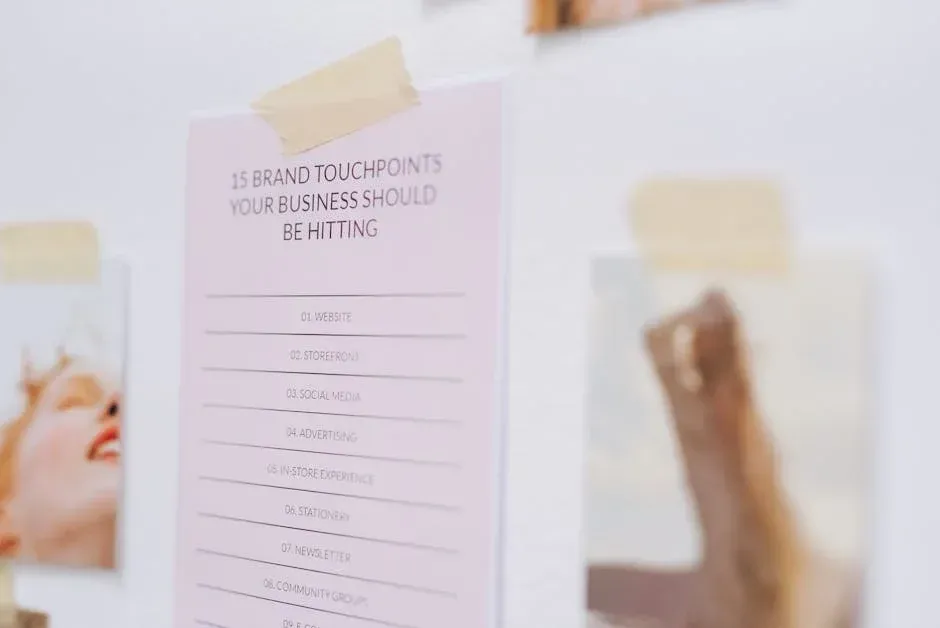 A piece of paper taped to a wall with a list of brand touch points your business should be hitting.