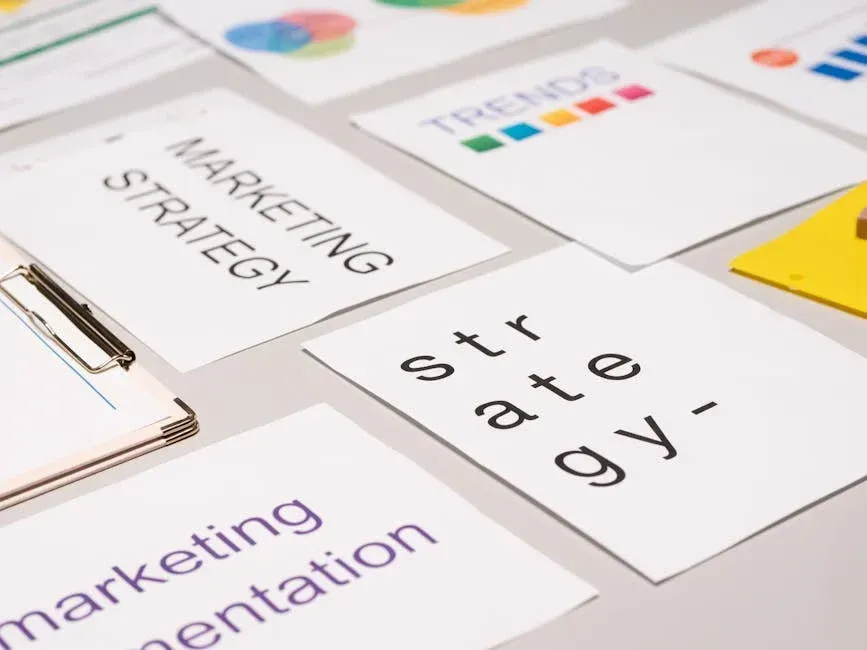 A bunch of papers on a table with one that says marketing strategy