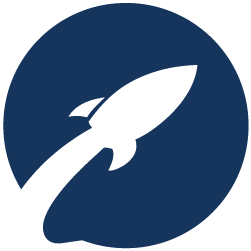 A white rocket is flying through a blue circle.