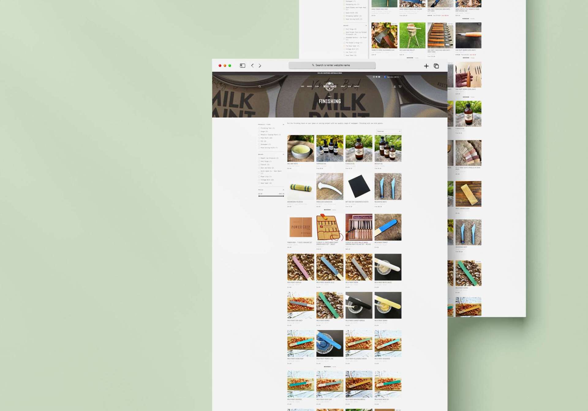 A website with a lot of pictures on it is displayed on a green background.