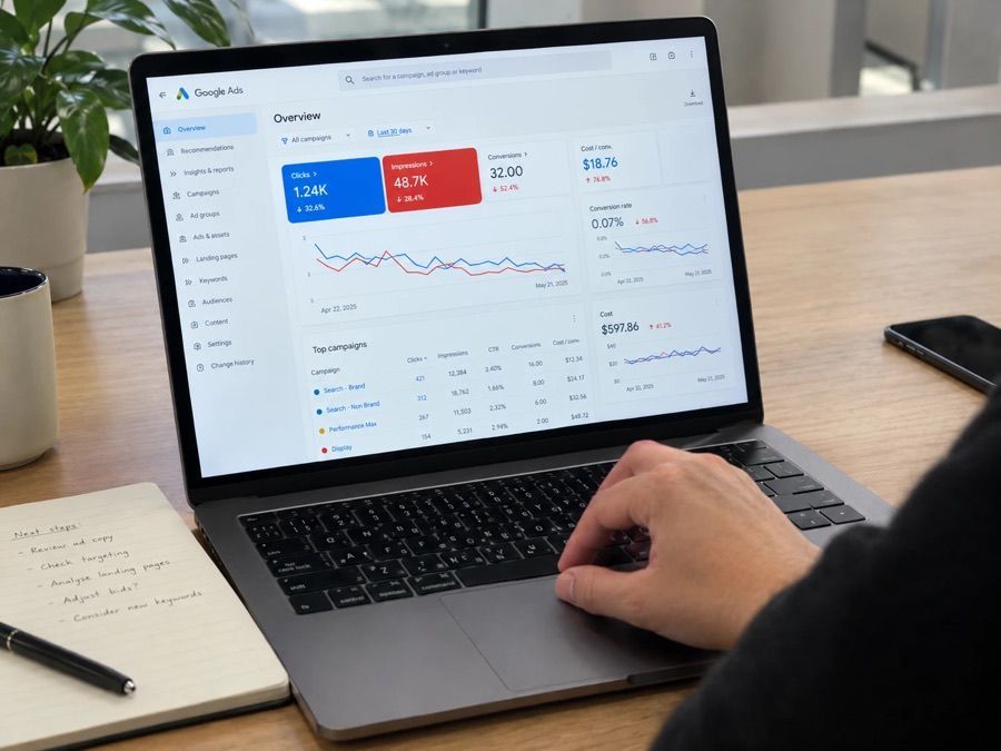 Strategist reviewing a Google Ads account overview on a laptop