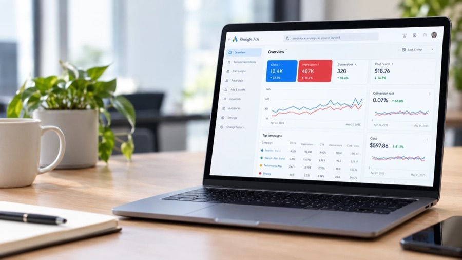 Google Ads analytics dashboard showing rising clicks and conversions