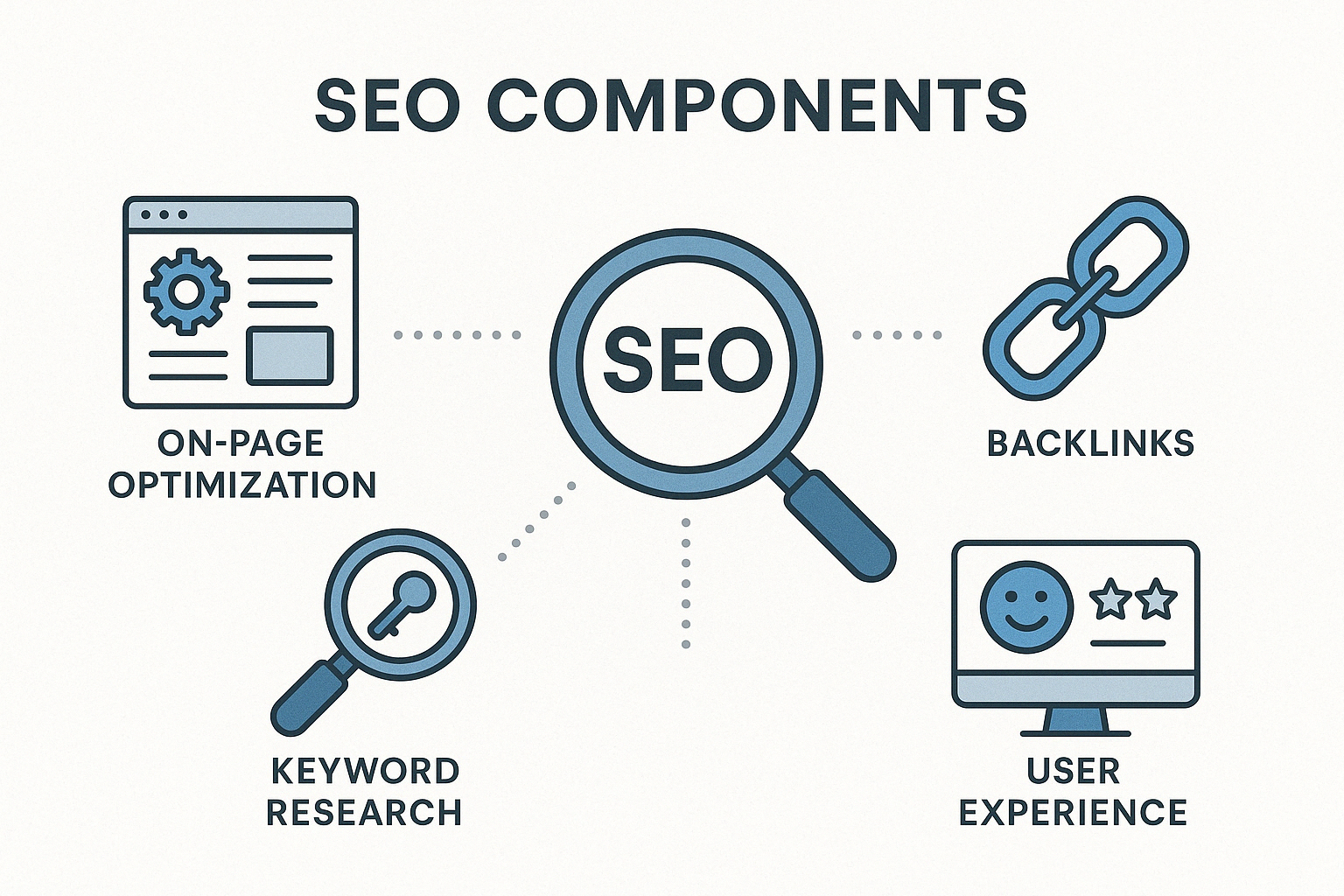 A diagram of seo components including keyword research , backlinks , user experience and on page optimization.