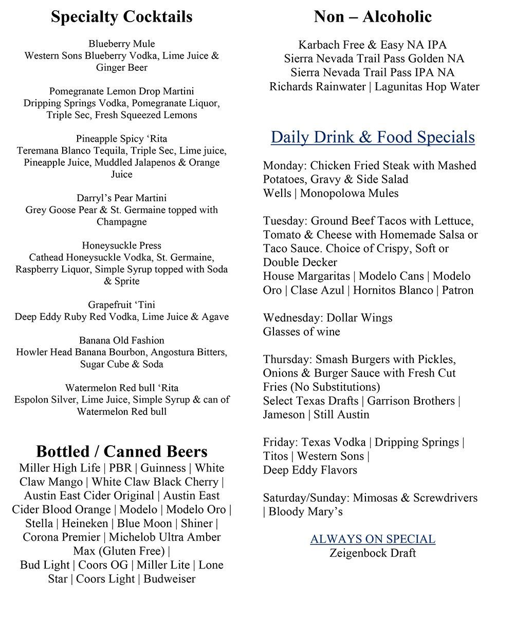 Backspin Sports Bar & Grill Austin Menu