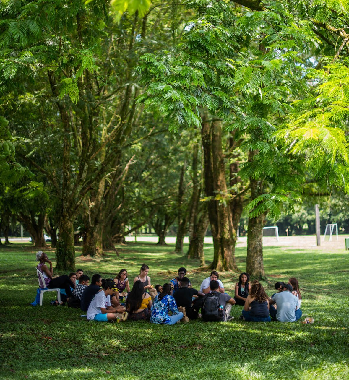 A group of people are sitting in a circle on the grass in a park.