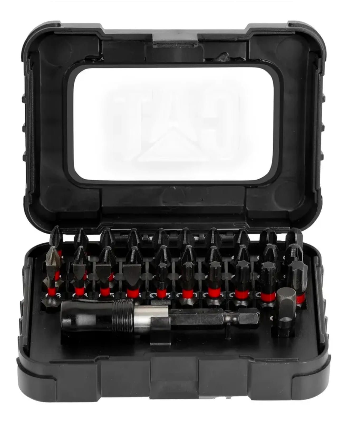 Estuche negro abierto con brocas y puntas de destornillador surtidas de color rojo y negro en su interior.