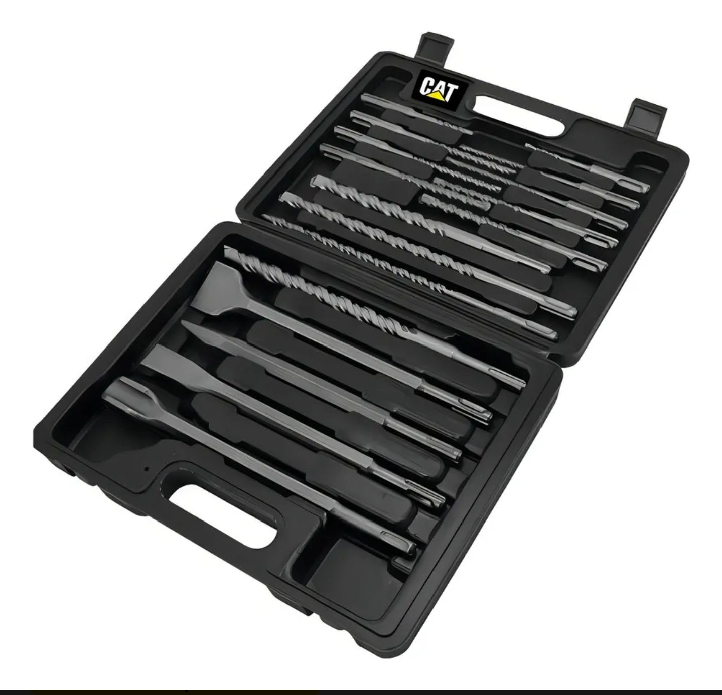 Estuche de plástico negro con un juego de limas y escofinas metálicas ordenadas en su interior.