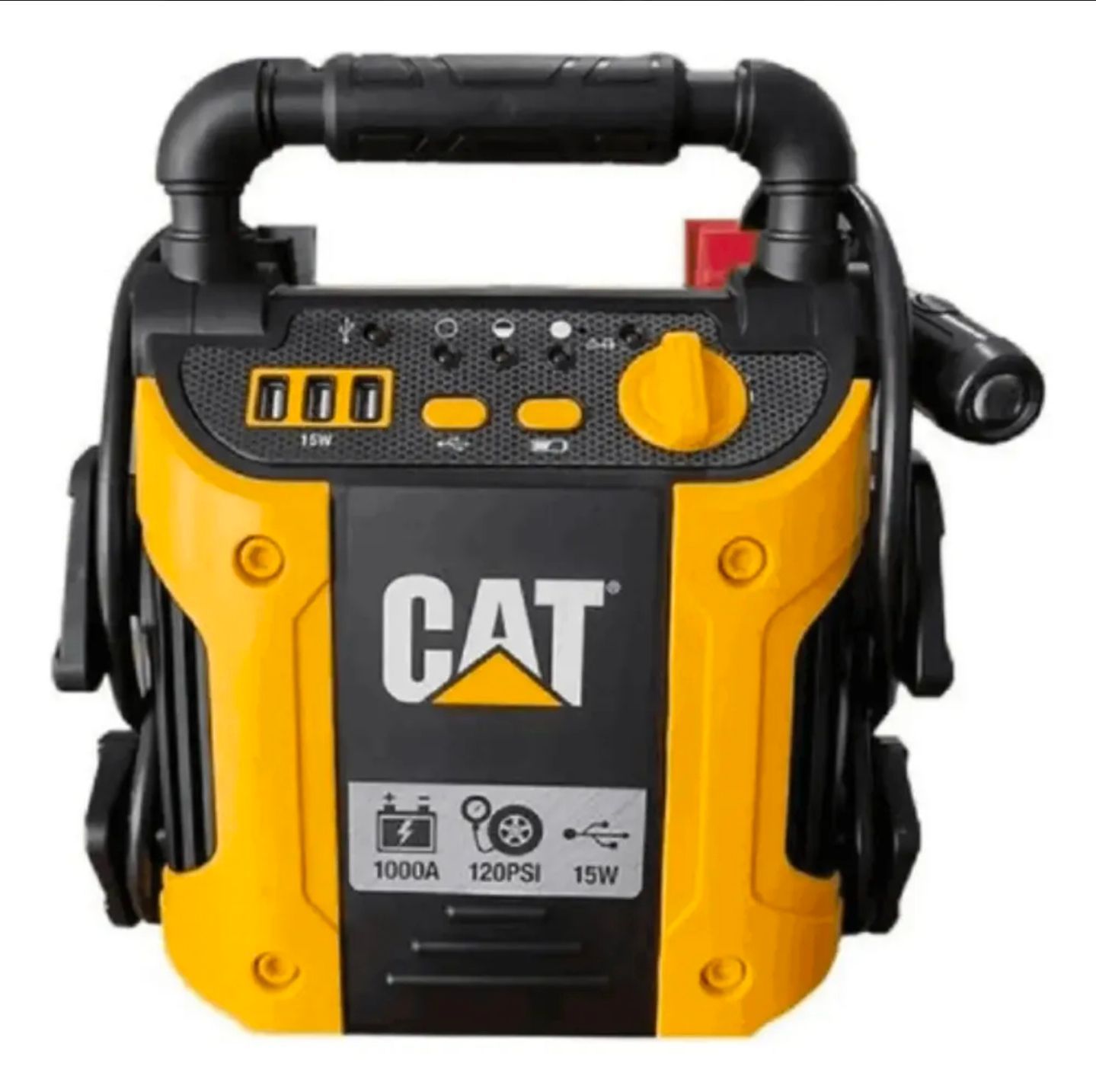 Batería externa portátil CAT amarilla y negra con asa y panel de visualización.