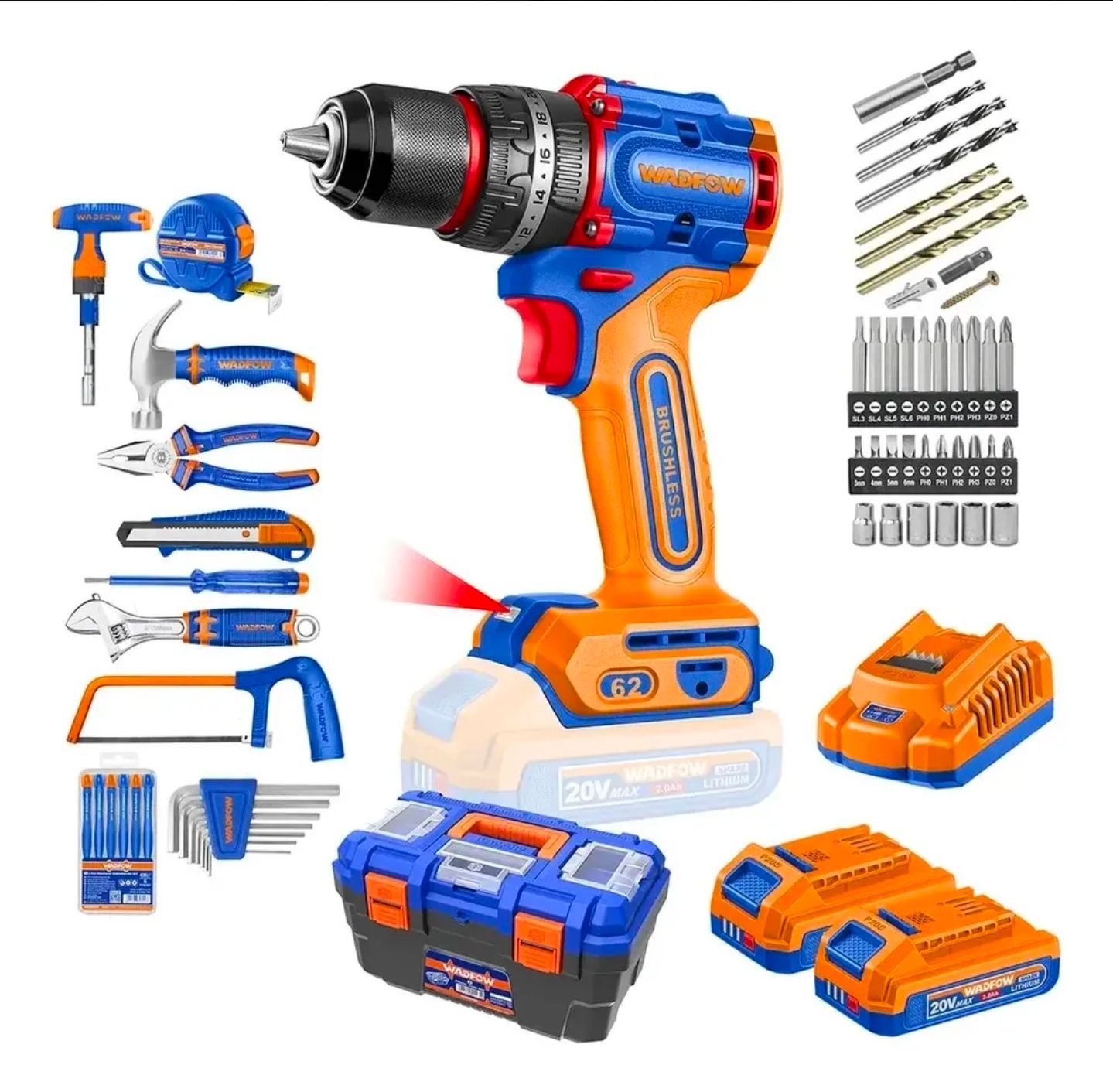 Kit de taladro inalámbrico naranja y azul con brocas, herramientas manuales, baterías y cargador.