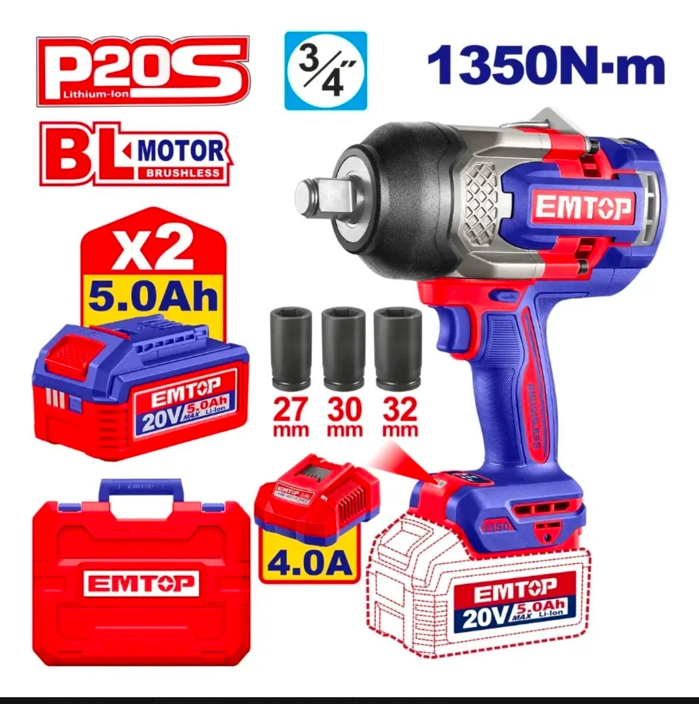 Llave de impacto inalámbrica EMTOP azul-roja con batería, cargador y vasos, etiquetada como 1350 N·m y motor BL.