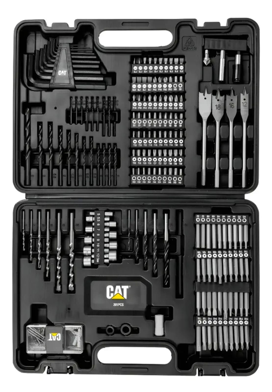 Caja de herramientas negra abierta con brocas, puntas de destornillador, llaves inglesas y accesorios para vasos organizados.