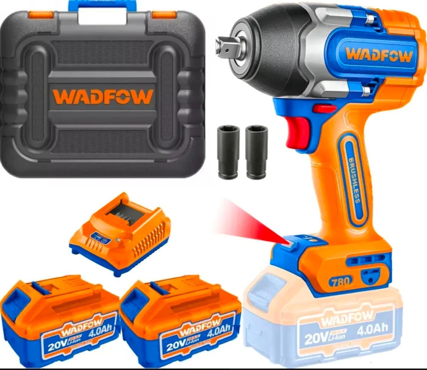 Kit de llave de impacto inalámbrica WADFOW con estuche rígido, batería, cargador y vasos sobre fondo blanco.
