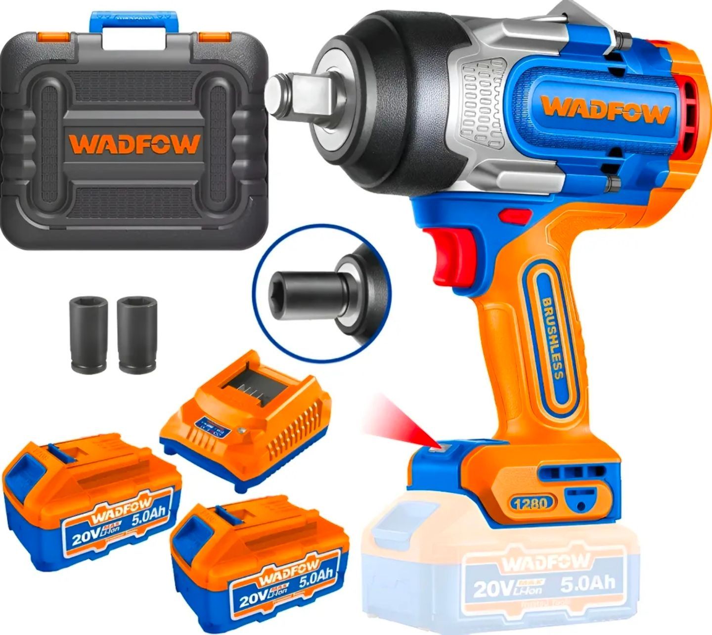Kit de llave de impacto inalámbrica WADFOW azul-naranja con estuche, baterías, cargador y vasos.