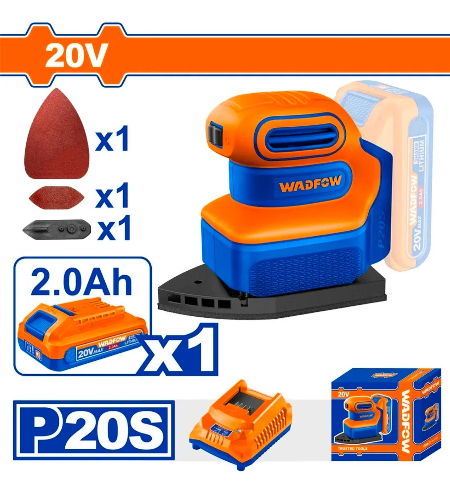 Lijadora inalámbrica naranja con batería de 20 V y 2,0 Ah, almohadillas de lijado y cargador sobre fondo blanco.
