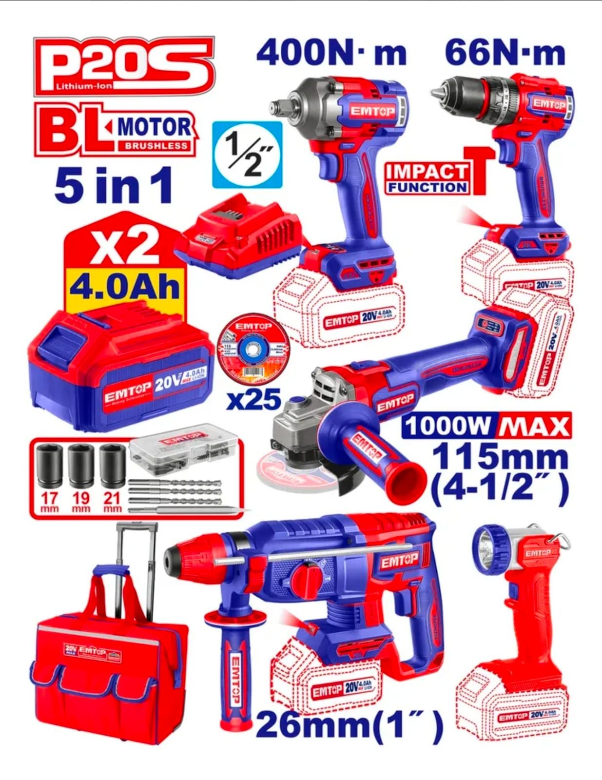 Anuncio de un kit de herramientas que muestra un destornillador de impacto inalámbrico P20S rojo y azul, un taladro, baterías y una bolsa, con texto de especificaciones.