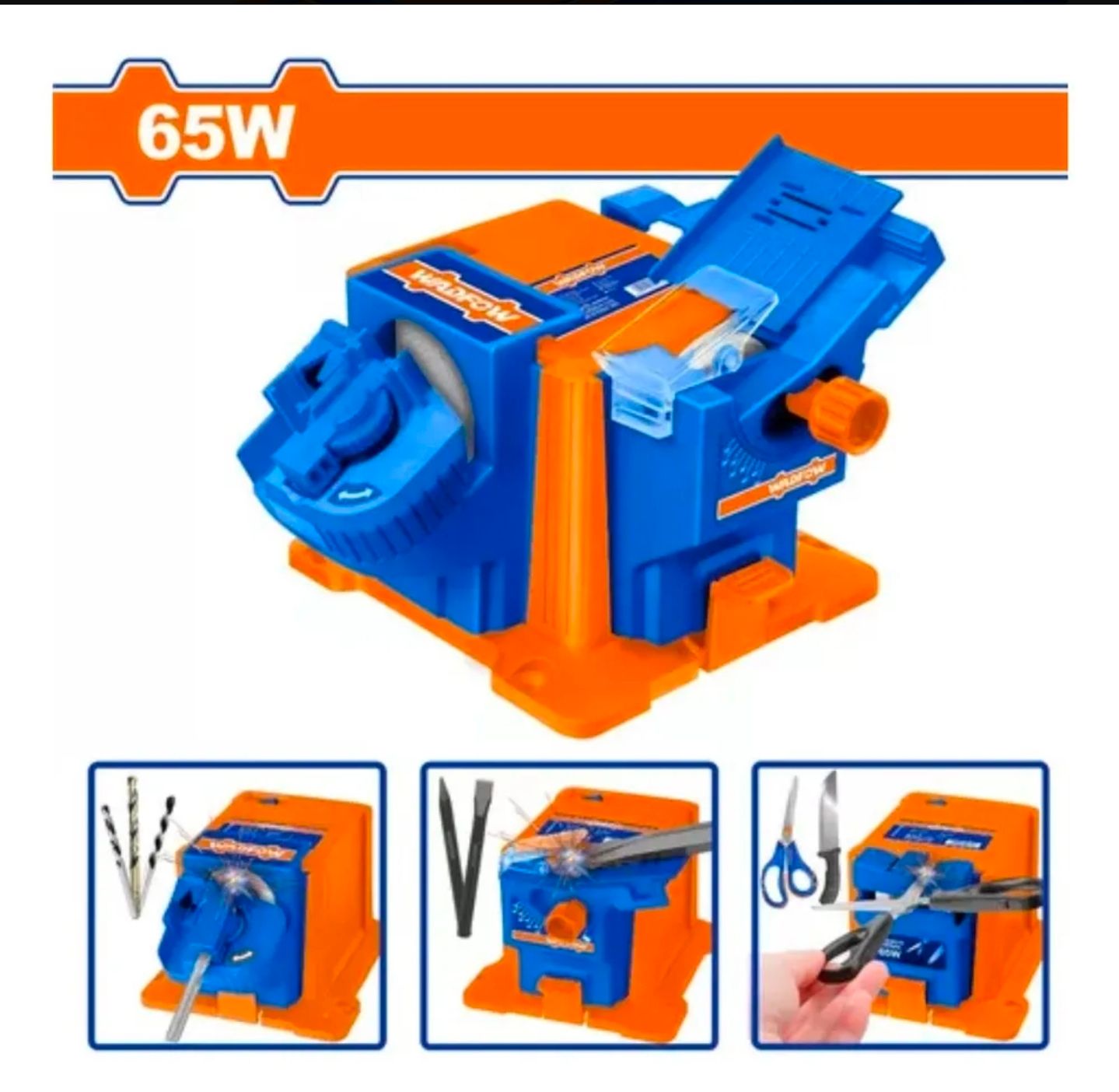 Máquina de afilar y rectificar de 65 W de color azul y naranja con herramientas accesorias, mostradas en pequeñas imágenes insertadas.