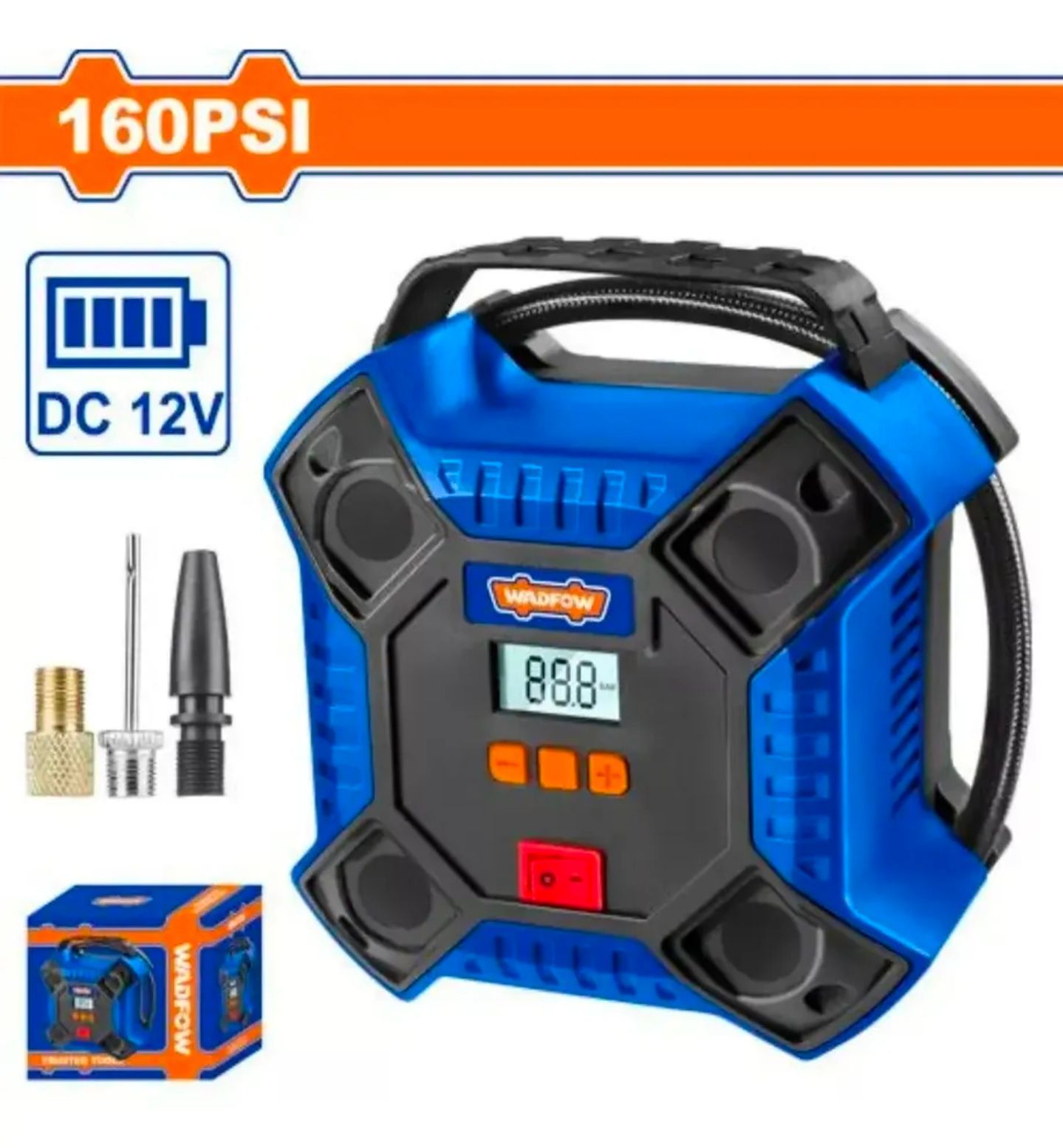 Compresor de aire portátil azul y negro de 160 PSI con asa, pantalla digital y etiqueta de alimentación de 12 V CC.