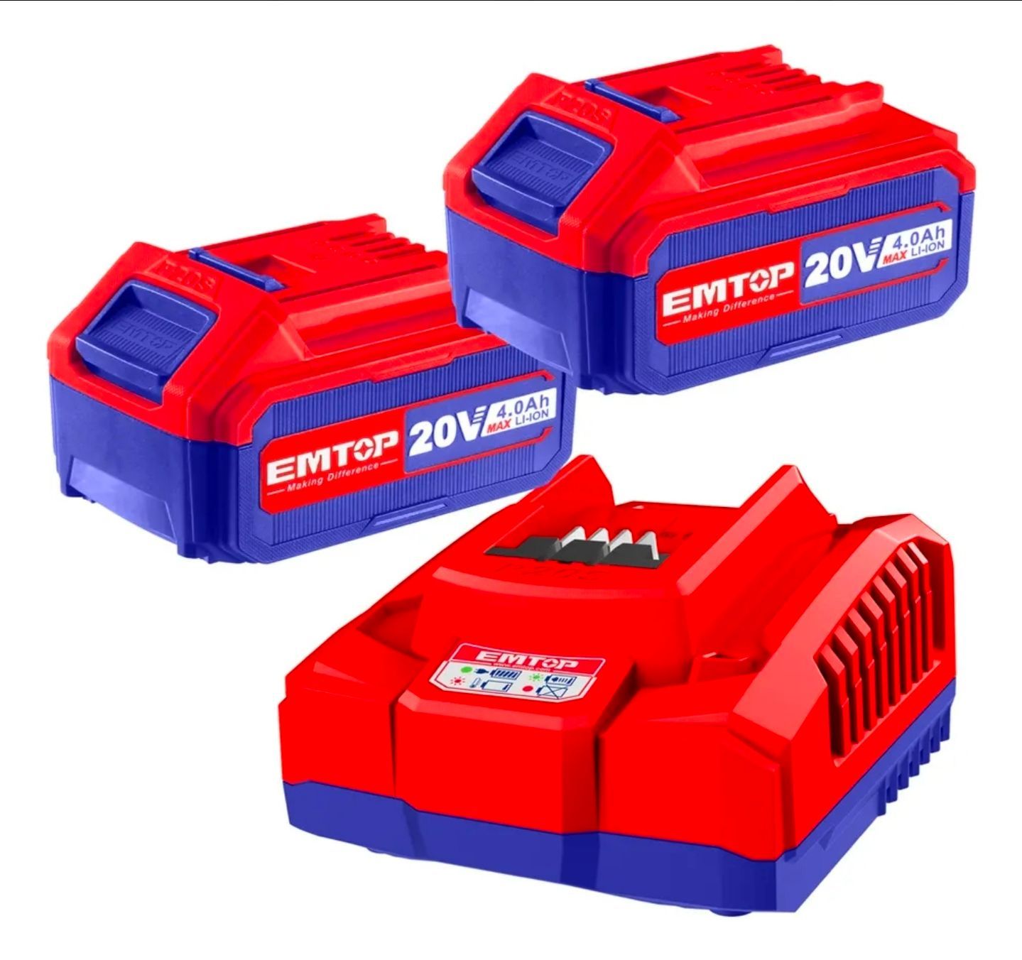 Tres baterías recargables para herramientas de color rojo y azul y un cargador con etiquetas de 20 V sobre un fondo blanco.