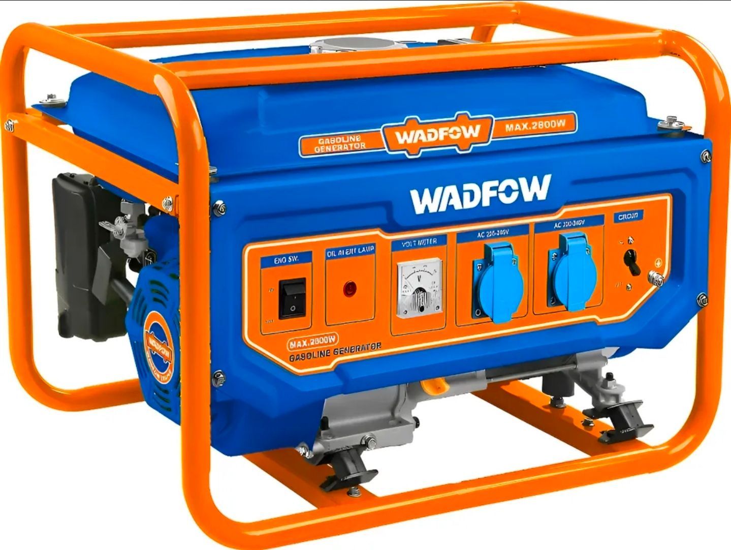 Generador portátil WADFOW azul y naranja con panel de control y estructura metálica.