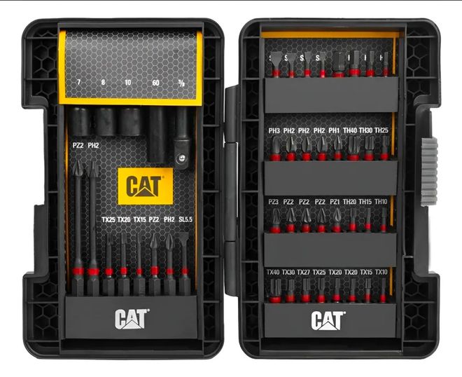 Juego de destornilladores de la marca CAT en estuche negro con detalles amarillos, que se abre para mostrar las diferentes puntas y mangos.