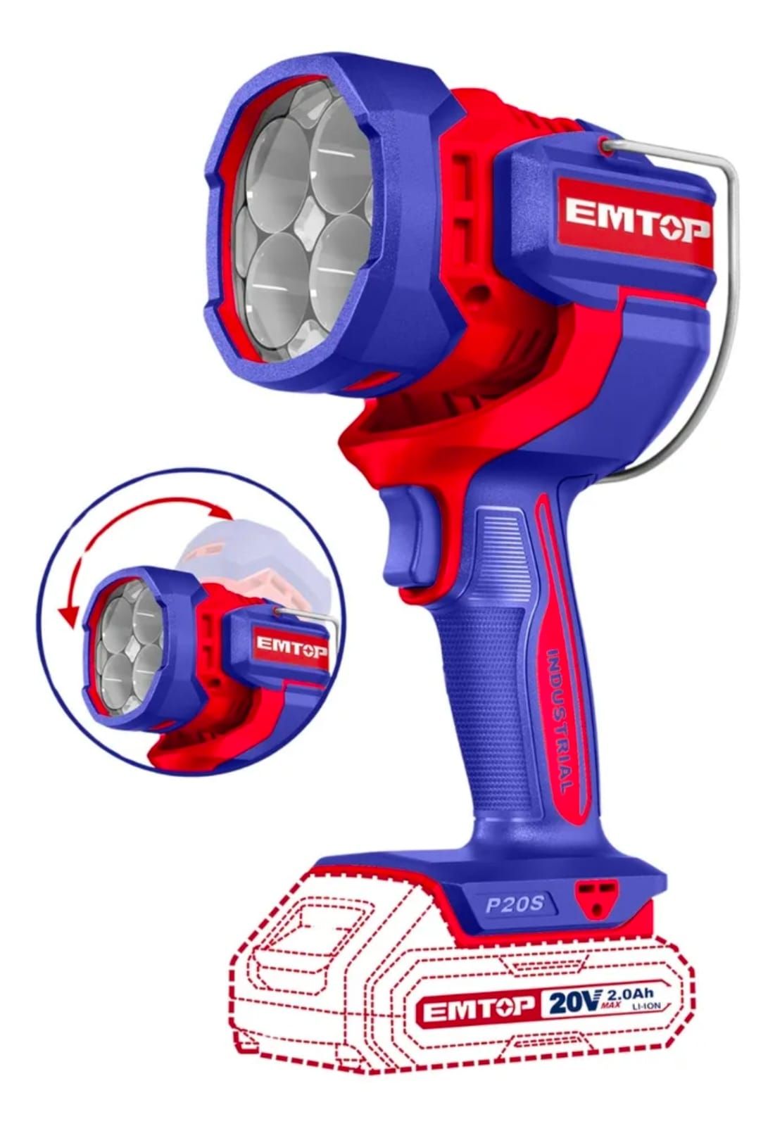 Linterna inalámbrica azul y roja con cabezal LED y base para batería de 20 V sobre fondo blanco.